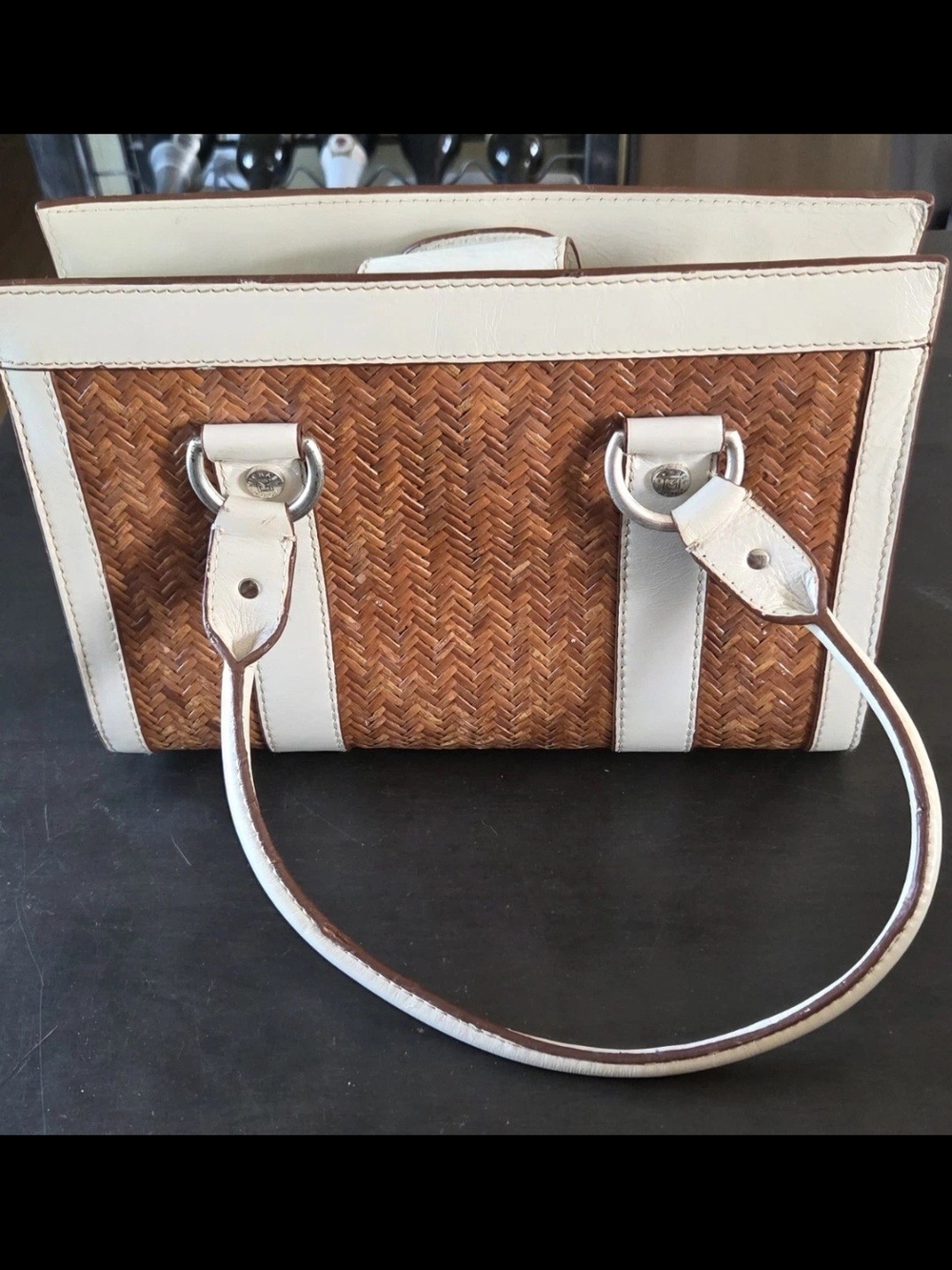Vintage Michael Kors Wicker Rattan Leather Satchel Shoulder Bag Cream White